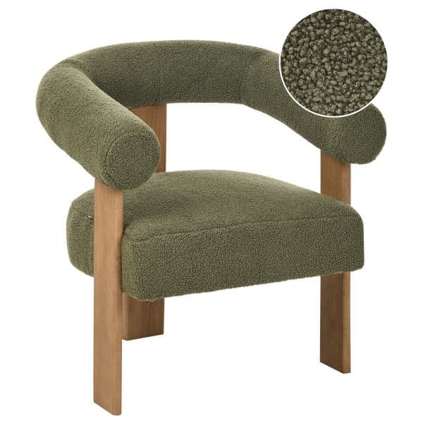 Beliani Poltrona Estofada em Bouclé Verde com Pernas de Madeira Castanha Escura Design Retro Cadeirão para Sala de Estar