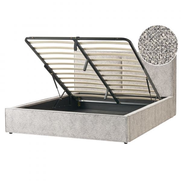 Beliani Cama de Casal 160 x 200 cm Estofada em Veludo de Malha Creme e Cinzenta com Compartimento de Arrumação Quarto Contemporâneo e Moderno