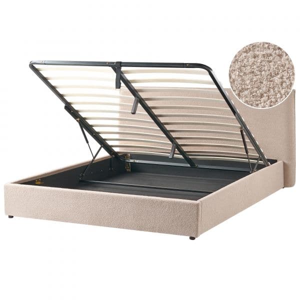 Beliani Cama de Casal em Bouclé Taupe 180 x 200 cm com Cabeceira e Espaço de Arrumação