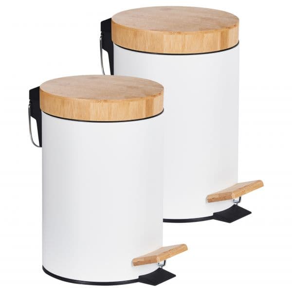Beliani Conjunto de 2 Caixotes do Lixo em Ferro e Material Sintético Branco e Pedal e Tampa em Madeira Bambu