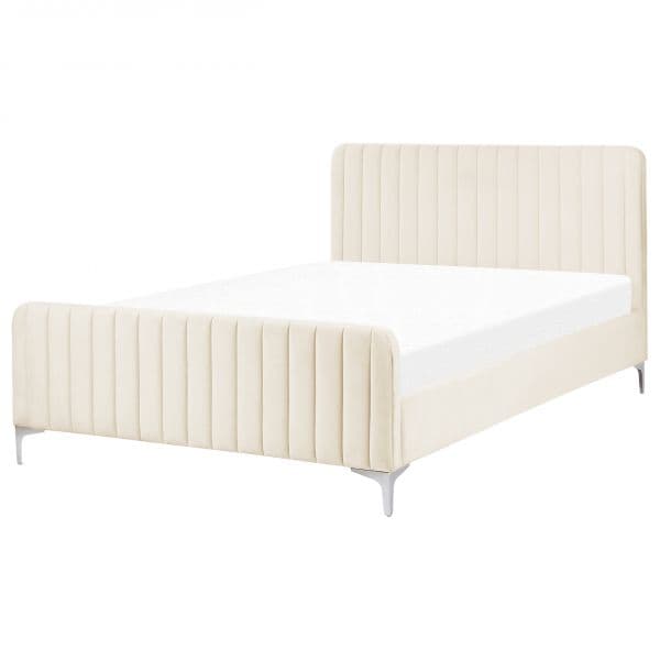 Beliani Cama de Veludo Creme 140 x 200 cm com Cabeceira Acolchoada e Pernas de Metal Preto de Design Moderno