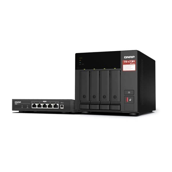 QNAP TS-473A + QSW-1105-5T NAS Ryzen V1500B 4 Baías HDD + 2 Baías M.2 + Switch 5 portas 2.5 GbE