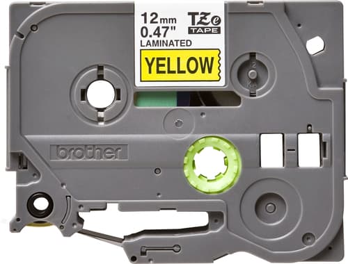FITA DE ROTULAGEM BROTHER LAMINADA 12MM TZN631 TEXTO PRETO SOBRE FUNDO AMARELO