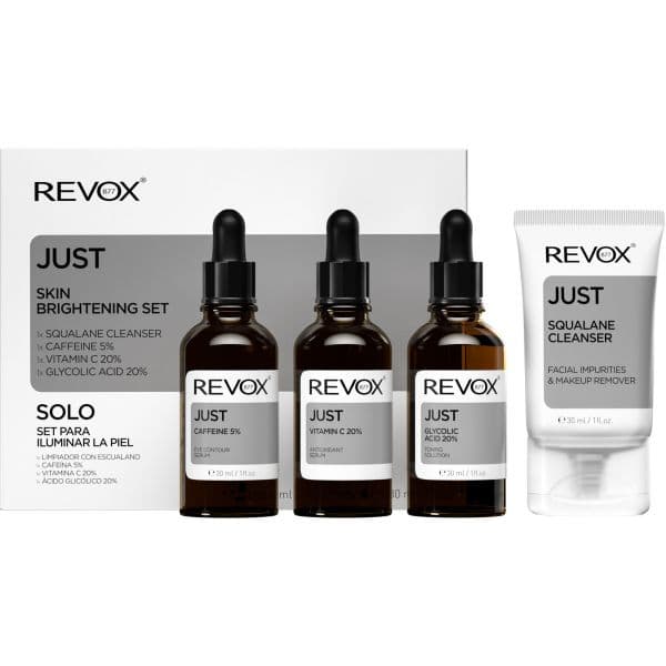 Revox Just Skin Brightening B77 Just Squalane Cleanser 30ml + B77 Just 5% Caffeine Eye Contour Sérum 30ml + Vitamina C 20% Just 30ml + B77 Just 20% Glycolic Acid Toner 30ml Coffret