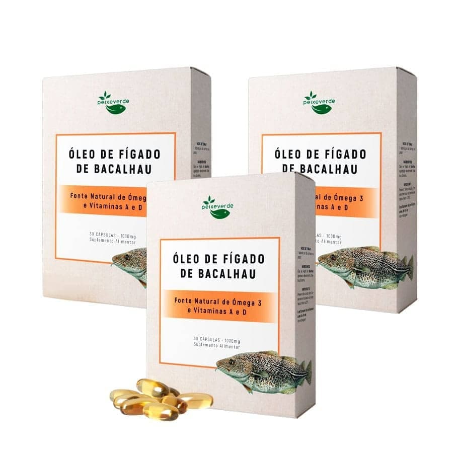 Óleo de Fígado de Bacalhau Pack 3 x 30 Cápsulas Peixe Verde30 cápsulas