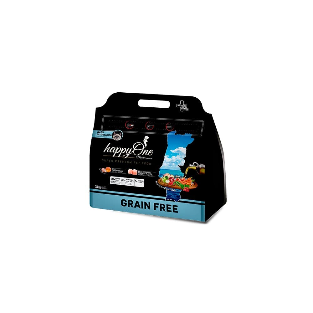 HappyOne Mediterraneum Grain Free Gato Esterilizado com Carne Fresca de Aves 2Kg