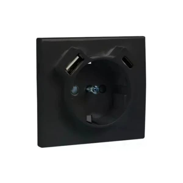 Centro para Tomada Schuko + USB Tipo A e Tipo C Preto Mate | EFAPEL