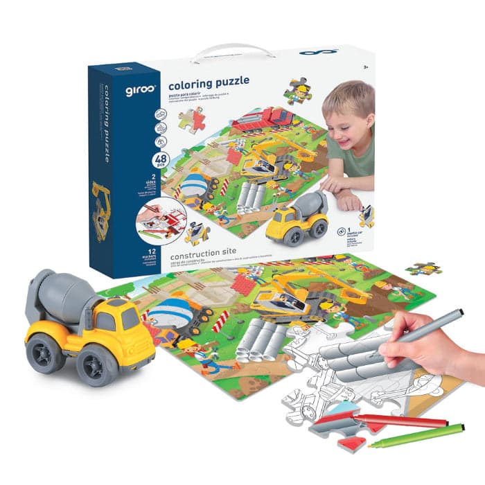 Puzzle Colorir 2 Faces + Carro 48 Pcs Contruções