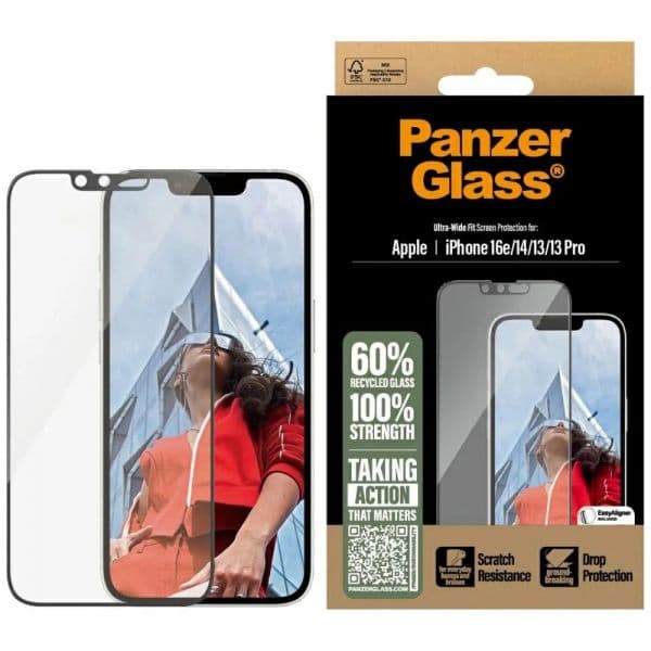 PanzerGlass Película Vidro Temperado para iPhone 16e, iPhone 14, iPhone 13, iPhone 13 Pro, iPhone SE 2025 Transparente