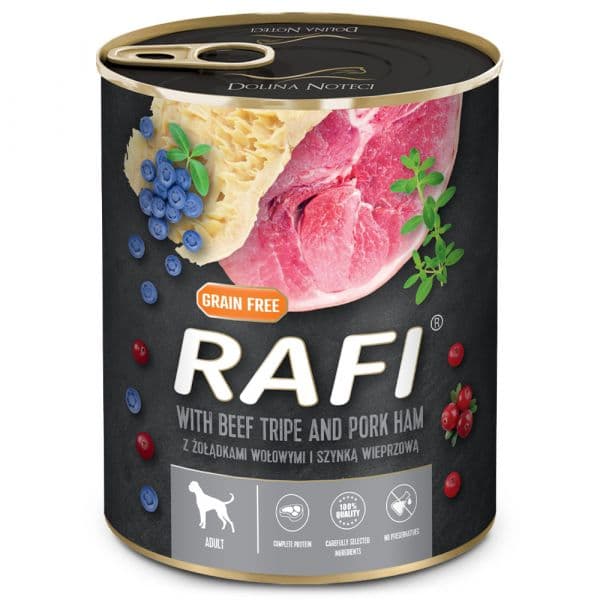 Ração Húmida Rafi Adulto Tripa de Vaca e Fiambre de Porco 800g