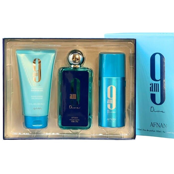 Afnan 9 AM Dive Eau de Parfum 100ml + Gel de Banho 150ml + Desodorante 150ml Coffret