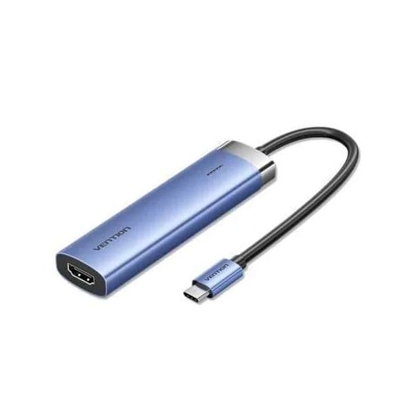Vention Hub USB-C 5-em-1 Docking Station T6E TGESB + 3x USB 3.0 1x HDMI 1x USB-C PD Transferência 5Gbps Ecrã 4K Carga Rapida 100W Azul/Preto