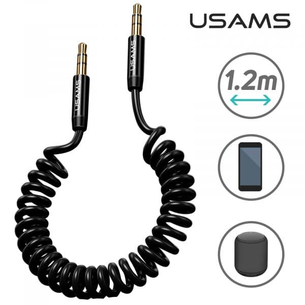 Usams Cabo auxiliar Jack 3.5 mm macho macho 1.2 m Enrolado Preto Usams - AUX-USAMS-BK