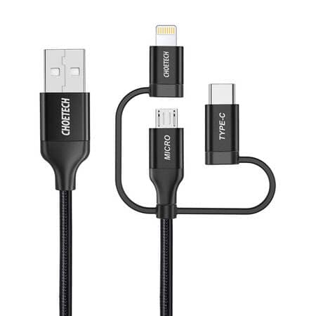 Cabo USB Choetech 3 em 1 MFI Lightning / USB Tipo C / micro USB (Carregamento 3A / transferência de dados 480 Mbps) 1,2 m preto (IP0030-BK)