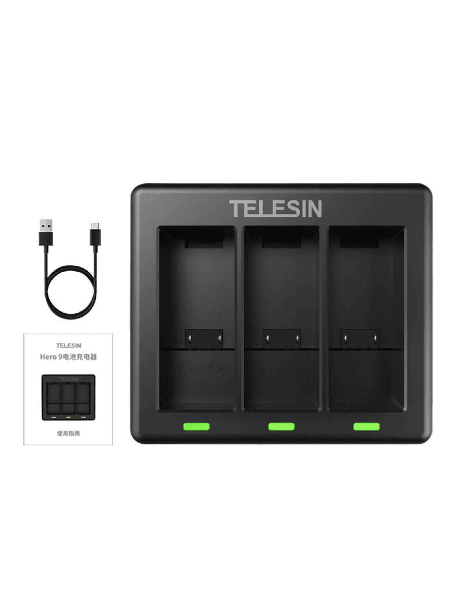 CARREGADOR TELESIN DE 3 SLOT PARA GOPRO HERO 12 - HERO 11 - HERO 10 - HERO 9