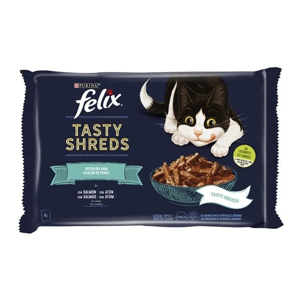 Ração Húmida Purina Felix Comida Húmida Tasty Shreds Salmão E Atum 4x80g