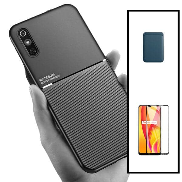 Kit Capa Magnetic Lux + Magnetic Wallet Azul + 5D Full Cover para Xiaomi Redmi 9A Sport