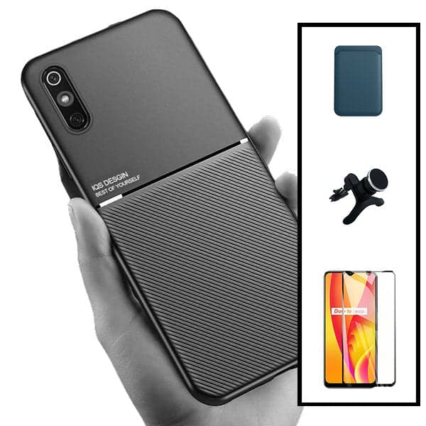 Kit Capa Magnetic Lux + Magnetic Wallet Azul + 5D Full Cover + Suporte Magnético de Carro Reforçado para Xiaomi Redmi 9A Sport