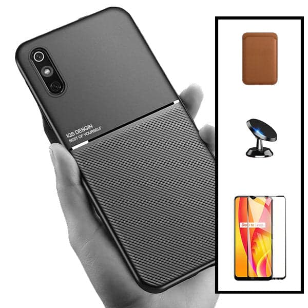 Kit Capa Magnetic Lux + Magnetic Wallet Castanho + 5D Full Cover + Suporte Magnético de Carro para Xiaomi Redmi 9A Sport