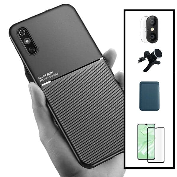 Kit Capa Magnetic Lux + Magnetic Wallet Azul + 5D Full Cover + Película de Câmara Traseira + Suporte Magnético de Carro Reforçado para Xiaomi Redmi 9A Sport