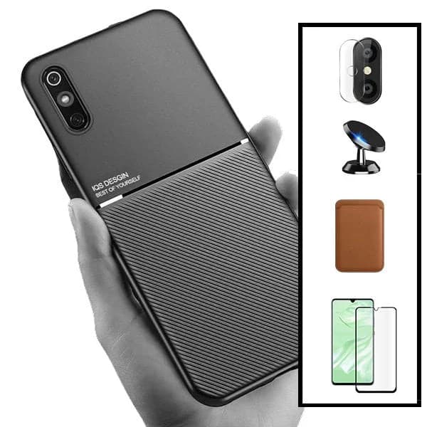 Kit Capa Magnetic Lux + Magnetic Wallet Castanho + 5D Full Cover + Película de Câmara Traseira + Suporte Magnético de Carro para Xiaomi Redmi 9A Sport