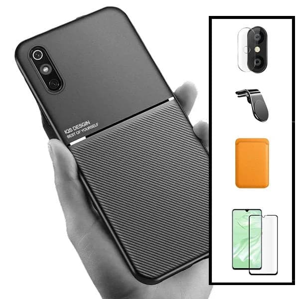 Kit Capa Magnetic Lux + Magnetic Wallet Laranja + 5D Full Cover + Película de Câmara Traseira + Suporte Magnético L Safe Driving para Xiaomi Redmi 9A Sport