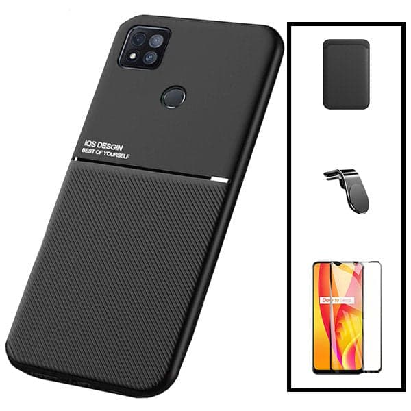 Kit Capa Magnetic Lux + Magnetic Wallet Preto + 5D Full Cover + Suporte Magnético L Safe Driving para Xiaomi Redmi 9 Activ