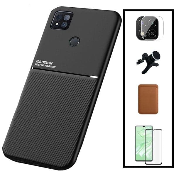 Kit Capa Magnetic Lux + Magnetic Wallet Castanho + 5D Full Cover + Película de Câmara Traseira + Suporte Magnético de Carro Reforçado para Xiaomi Redmi 9 Activ