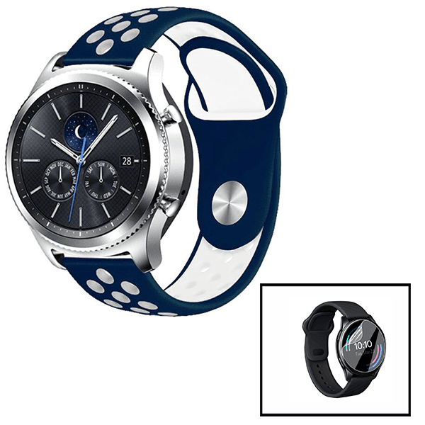 Kit Bracelete SportyStyle + Película de Hydrogel para Amazfit GTR 3 Pro - 47mm - Azul Escuro / Branco
