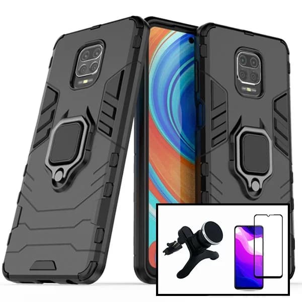 Kit Vidro Premium Full Cover + Capa 3X1 Military Defender + Suporte Magnético de Carro Reforçado para Xiaomi Redmi Note 10 Lite