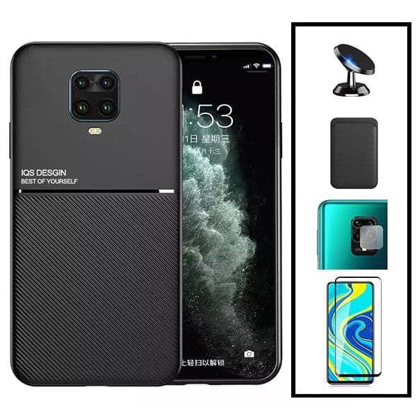 Kit Capa Magnetic Lux + Magnetic Wallet Preto + 5D Full Cover + Película de Câmara Traseira + Suporte Magnético de Carro para Xiaomi Redmi Note 10 Lite