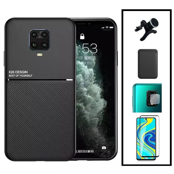 Kit Capa Magnetic Lux + Magnetic Wallet Preto + 5D Full Cover + Película de Câmara Traseira + Suporte Magnético de Carro Reforçado para Xiaomi Redmi Note 10 Lite