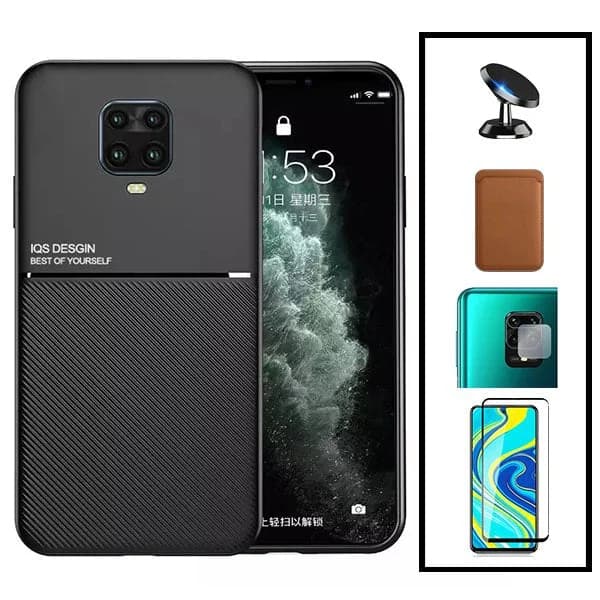 Kit Capa Magnetic Lux + Magnetic Wallet Castanho + 5D Full Cover + Película de Câmara Traseira + Suporte Magnético de Carro para Xiaomi Redmi Note 10 Lite