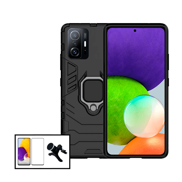 Kit Vidro Premium Full Cover + Capa 3X1 Military Defender + Suporte Magnético de Carro Reforçado para Xiaomi 11T