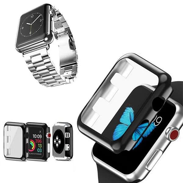 Kit Bracelete Aço Stainless Lux + Ferramenta + Capa Anti-Impacto para Apple Watch Series 7 - 45mm - Cinza