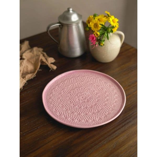 Ceramor Cerâmica Prato de Bolo Croché Rosa