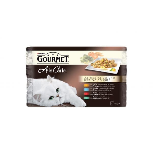 Ração Húmida Purina Gourmet A La Carte Receitas do Chefe Frango Truta & Bacalhau 4x 85g