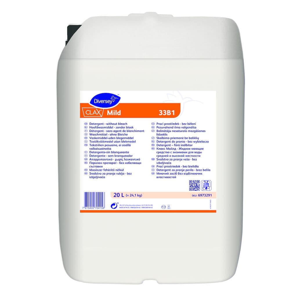 Diversey Clax Mild 33B1 – Detergente Enzimático Líquido para Lavagem Profissional de Roupa Delicada e Colorida 20L
