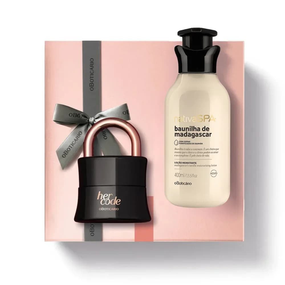 O Boticário Dia do Amor Her Code Eau de Parfum 50ml + Loção Hidratante Nativa SPA Baunilha de Madagáscar 400ml Coffret