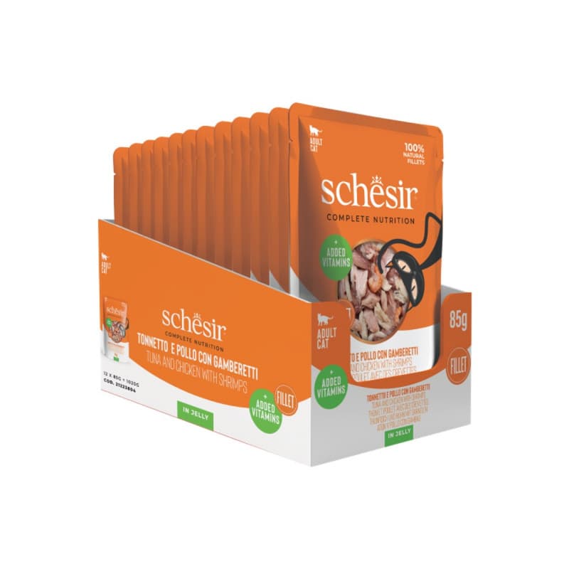 Schesir Pouch Gato de Atún con pollo y gambas en gelatina 85 gr
