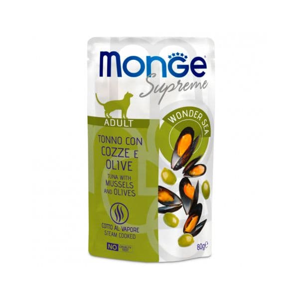 Ração Húmida Monge Supreme Atum com Mexilhões e Azeitonas 80g