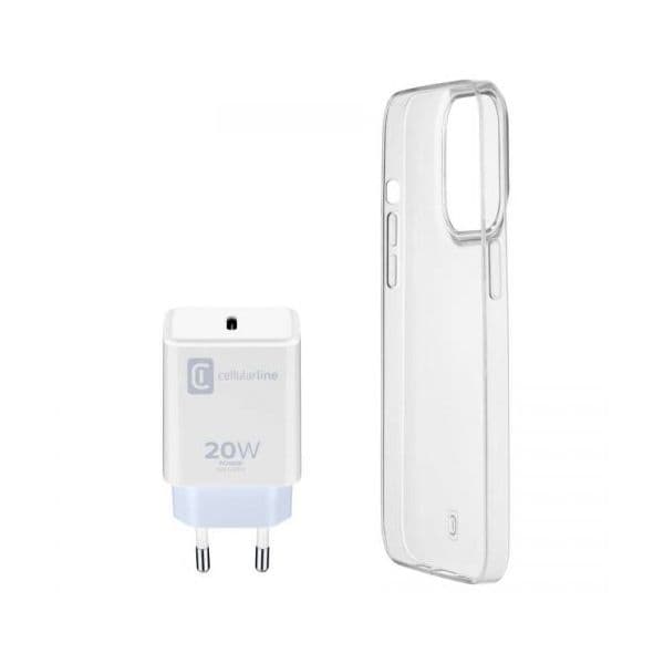 Cellularline Starter Kit Carregador 20w +bolsa iphone 14 Pro Transpare