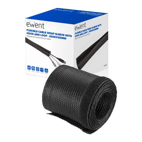 Manga Flexível Ewent EW1558 p/ Organizar Cabos com Fecho 2000x100mm Preta
