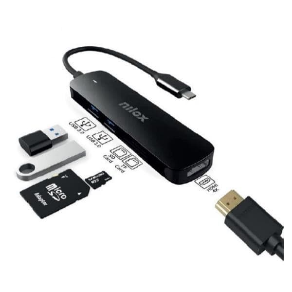 Nilox Hub USB-C "5-EM-1" (hdmi / 2x USB 3.0 / Leitor Cartões Sd / Leitor Cartões Tf) - NXDSUSBC05