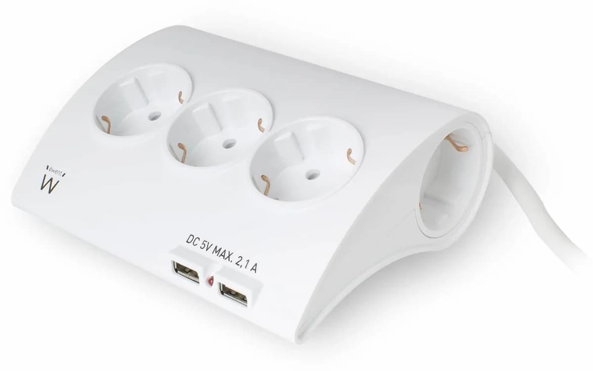 Régua Ewent 5 Tomadas + 2 Portas USB 16A Branco