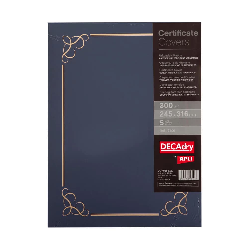 Apli Capa para Certificados / Diplomas 245x316mm 300gr Azul 5un - 13596