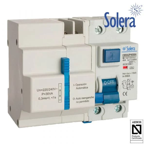 Solera Disjuntor Diferencial 2p 40a 30ma Ac C/rearme Automático com 3 Tempos (retractilado) cbra2p4030a - 02876