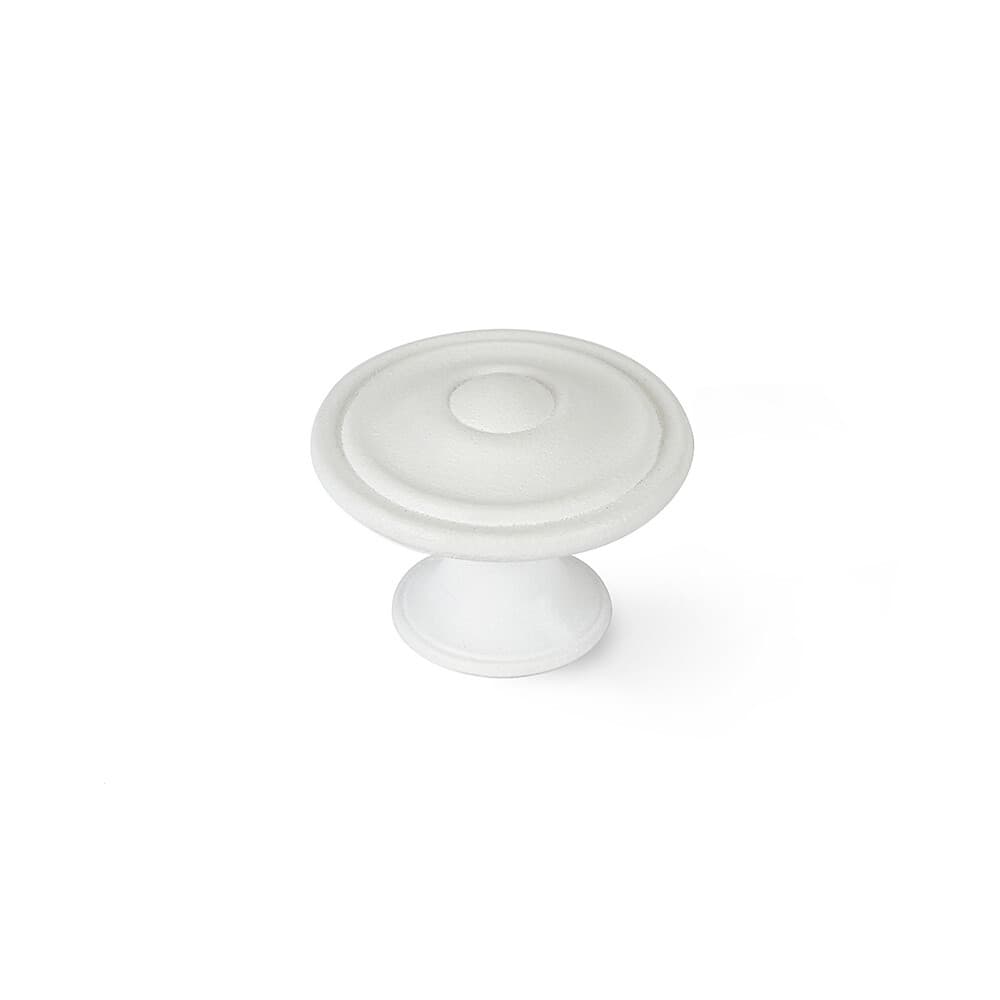 Blíster com 4 puxadores redondos para móveis. fabricado em zamak e acabamento branco poro. mod.3110 ø35mm. rei