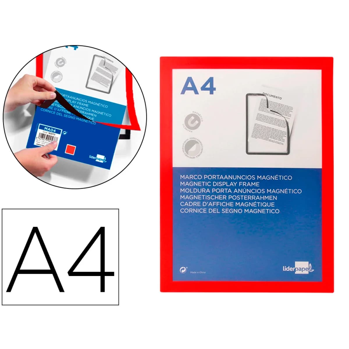 Moldura porta anuncios liderpapel magnetica din a4 suporte adesivo removivel cor vermelho