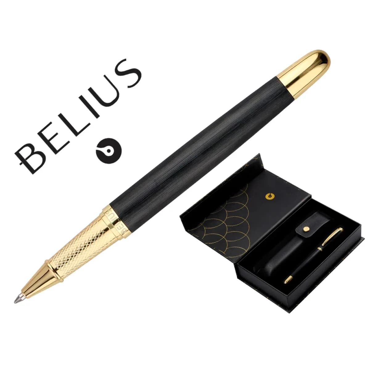 Esferografica e estojo couro belius passion dor aluminio textura escovado preto e dourado tinta azul caixa design